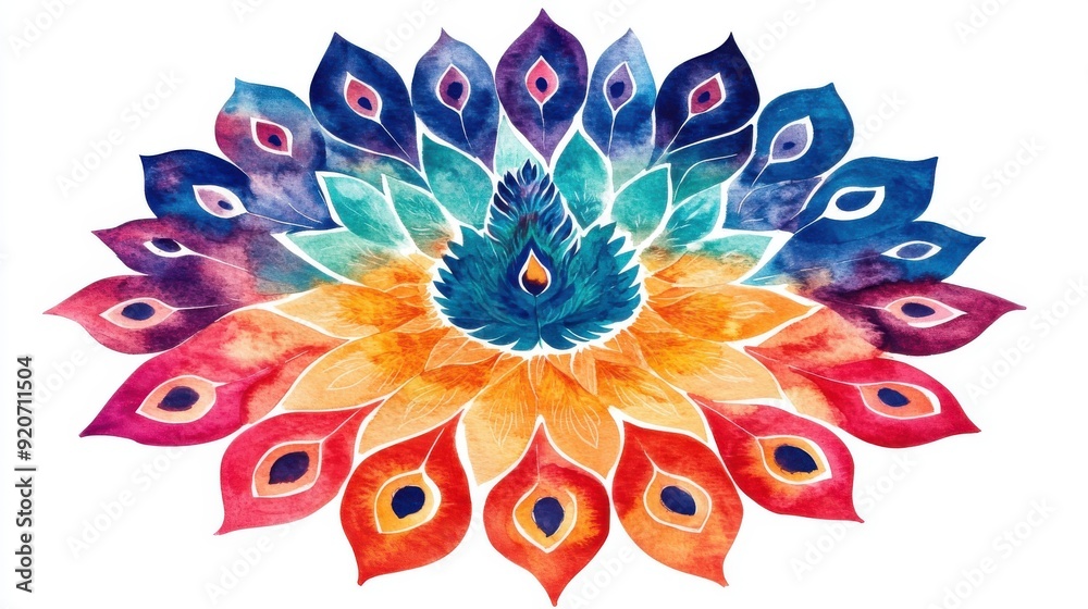 A watercolor of an Indian rangoli with peacock motifs, artistic and traditional, isolated on white background A watercolor of an Indian rangoli with peacock motifs, artistic and traditional, isolated on white background