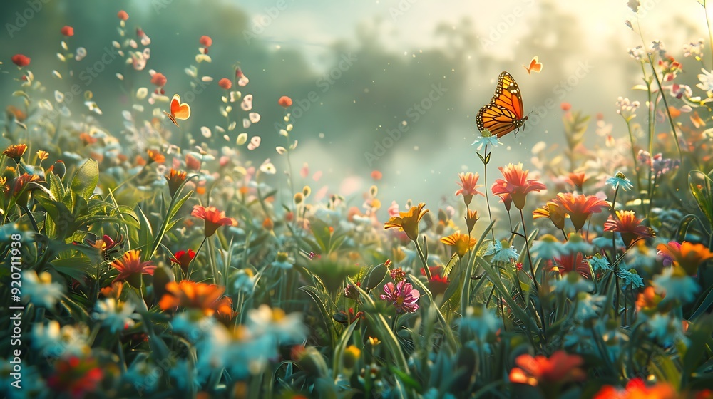 A digital artwork of a spring meadow with wildflowers in full bloom and butterflies, early morning with soft light, detailed and peaceful, capturing the calm and tranquil beauty of dawn, hd quality, A digital artwork of a spring meadow with wildflowers in full bloom and butterflies, early morning with soft light, detailed and peaceful, capturing the calm and tranquil beauty of dawn, hd quality,