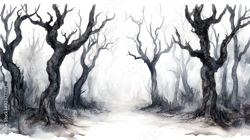 A watercolor painting of a haunted forest with twisted trees, creepy and mysterious, isolated on white background