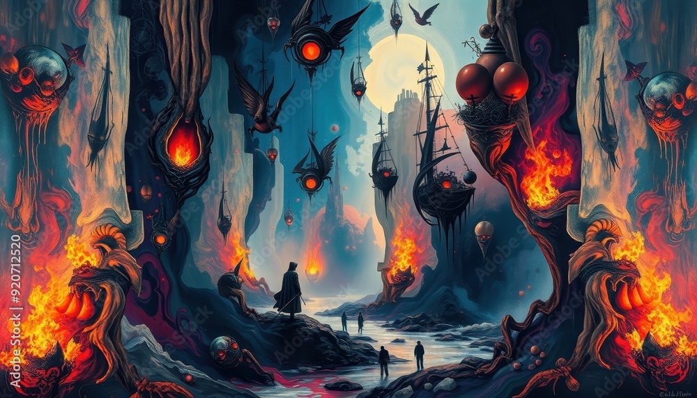 Obraz premium Surreal landscape with fire, eyes and ships.