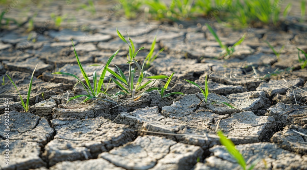 This image vividly depicts cracked soil interspersed with resilient grass, illustrating the severe effects of drought and climate change on the environment and its impact on ecosystems