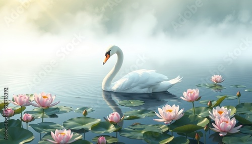 Fototapeta Naklejka Na Ścianę i Meble -  Graceful Swan in a Pond with Water Lilies.