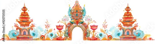 Watercolor painting of an ornate Diwali temple decoration, intricate and colorful, isolated on white background