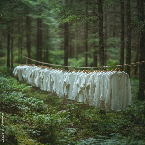 A lot, plenty of white wet shirts are hanging on hangers on rope in forest