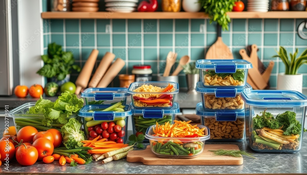 Fresh vegetables in glass containers on kitchen countertop. Fresh vegetables in glass containers on kitchen countertop.