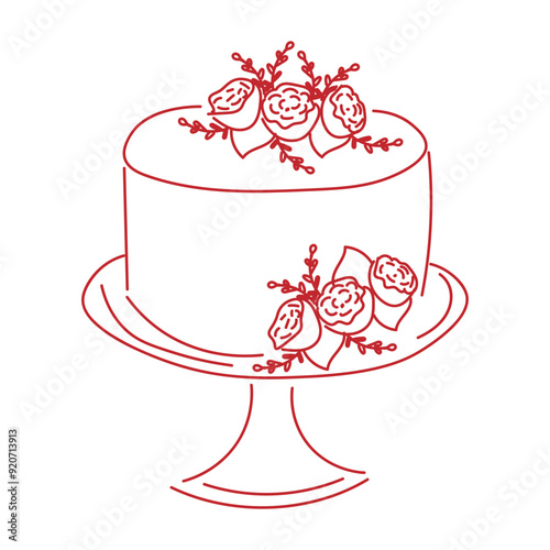 Delicate tasty cake with roses on a stand. Perfect for card of  birthdays, weddings, party, anniversary. Modern trendy doodle style