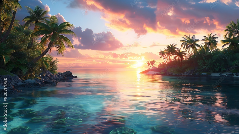 A digital artwork of a tropical island with lush palm trees, crystal-clear water, and vibrant coral reefs, sunset with warm colors, detailed and serene, capturing the peaceful evening ambiance, A digital artwork of a tropical island with lush palm trees, crystal-clear water, and vibrant coral reefs, sunset with warm colors, detailed and serene, capturing the peaceful evening ambiance,
