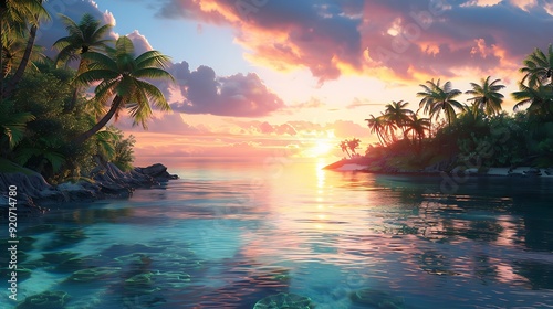 A digital artwork of a tropical island with lush palm trees, crystal-clear water, and vibrant coral reefs, sunset with warm colors, detailed and serene, capturing the peaceful evening ambiance,