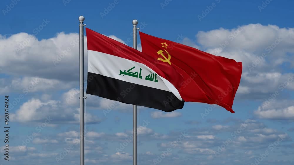 Soviet Union or USSR and Iraq flags flying together, video concept of the relationship, two country cooperation concept Soviet Union or USSR and Iraq flags flying together, video concept of the relationship, two country cooperation concept