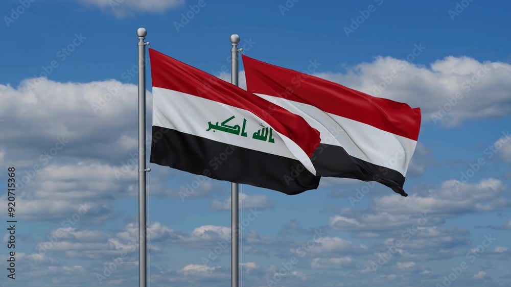 Yemen and Iraq flags flying together, video concept of the relationship, two country cooperation concept Yemen and Iraq flags flying together, video concept of the relationship, two country cooperation concept