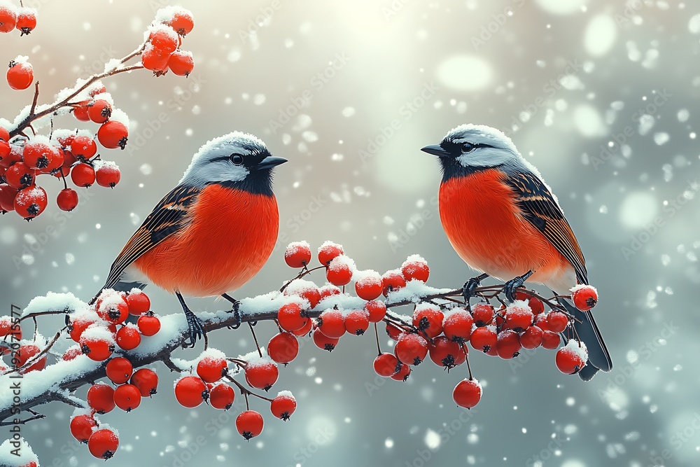 Two birds perched on snowy branches with red berries in a minimalist winter scene. Two birds perched on snowy branches with red berries in a minimalist winter scene.