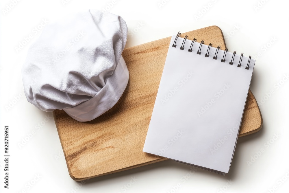 Fototapeta premium Chefs cap, notepad lie on a white background with generative ai