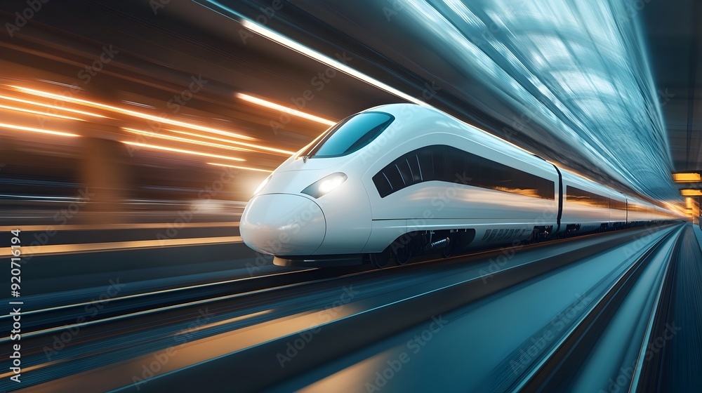 Fototapeta premium High-Speed Bullet Train Speeding Through Modern Railway Tracks
