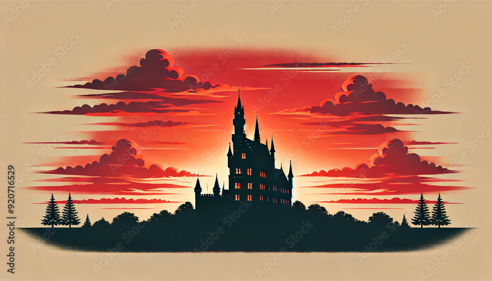 Naklejka premium Enchanted Castle at Sunset with Fiery Red Sky
