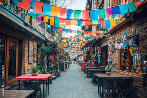 A vibrant street market decorated with colorful bunting flags, featuring outdoor seating under shady trees, creating a lively and festive atmosphere. photo