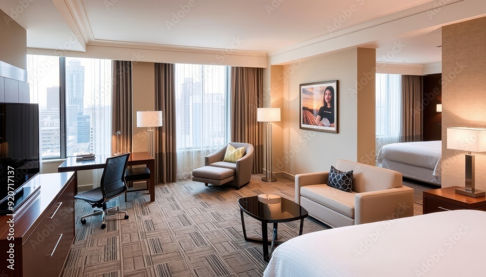 Fototapeta premium Modern Hotel Room with City View.