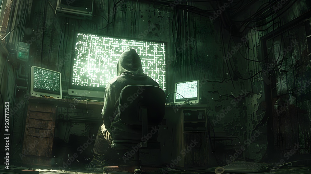 Hacker Sitting in a Computer Server Room, Surrounded by Technology and Code Hacker Sitting in a Computer Server Room, Surrounded by Technology and Code