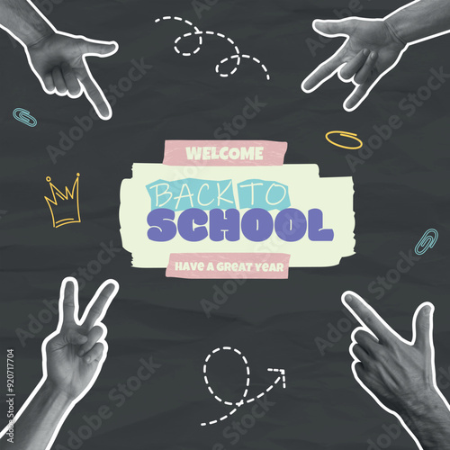 Back to school.Halftone Collage isolated dark.Retro collage background with halftone human hands pointing to ripped paper.Trendy School theme.Web and social media.Promotional and advertising template.