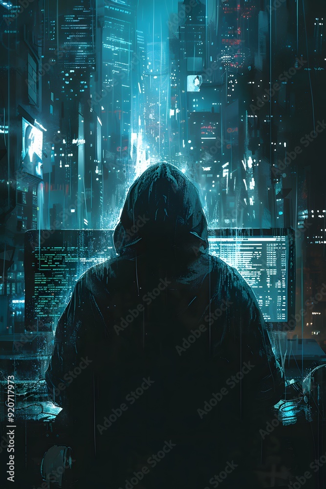Hacker Sitting in a Computer Server Room, Surrounded by Technology and Code Hacker Sitting in a Computer Server Room, Surrounded by Technology and Code