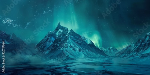 Blue Aurora Borealis over Rugged Mountains. Magical Northern Lights Wallpaper with copy-space.