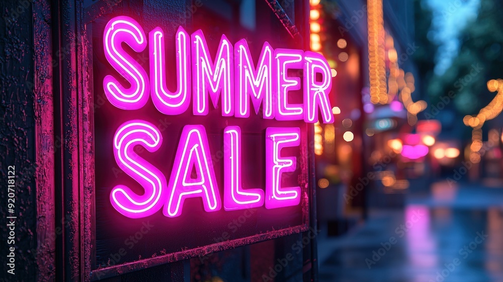 A glowing neon sign announces a summer sale in a bustling shopping district during the evening hours A glowing neon sign announces a summer sale in a bustling shopping district during the evening hours