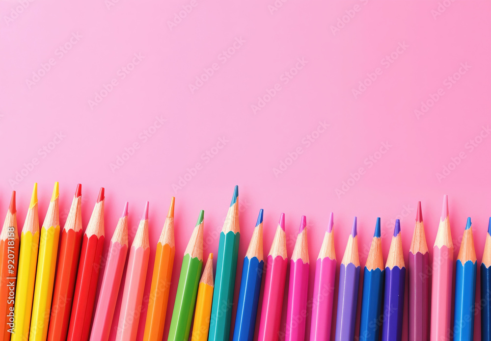 Row of colored pencils is lying on a pink background with copy space Row of colored pencils is lying on a pink background with copy space