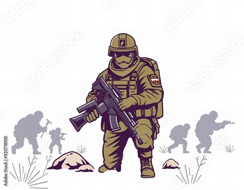 a cartoon soldier with a rifle and a gun in his hand.