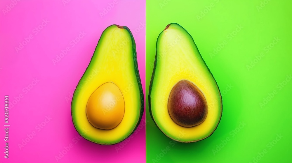 Two avocados are cut in half and placed on a pink and green background. The avocados are the main focus of the image, and the colors of the background create a vibrant and lively atmosphere Two avocados are cut in half and placed on a pink and green background. The avocados are the main focus of the image, and the colors of the background create a vibrant and lively atmosphere