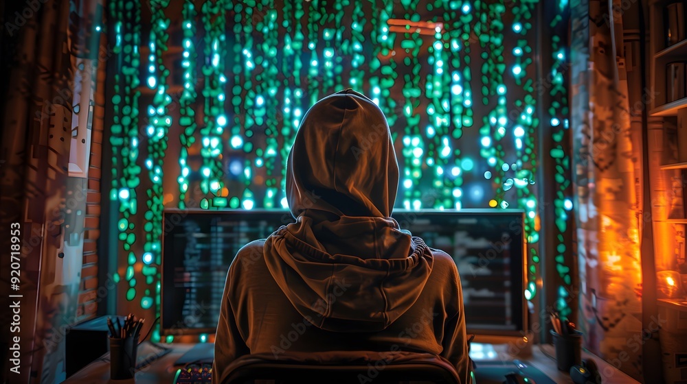 Obraz premium Hacker Sitting in a Computer Server Room, Surrounded by Technology and Code