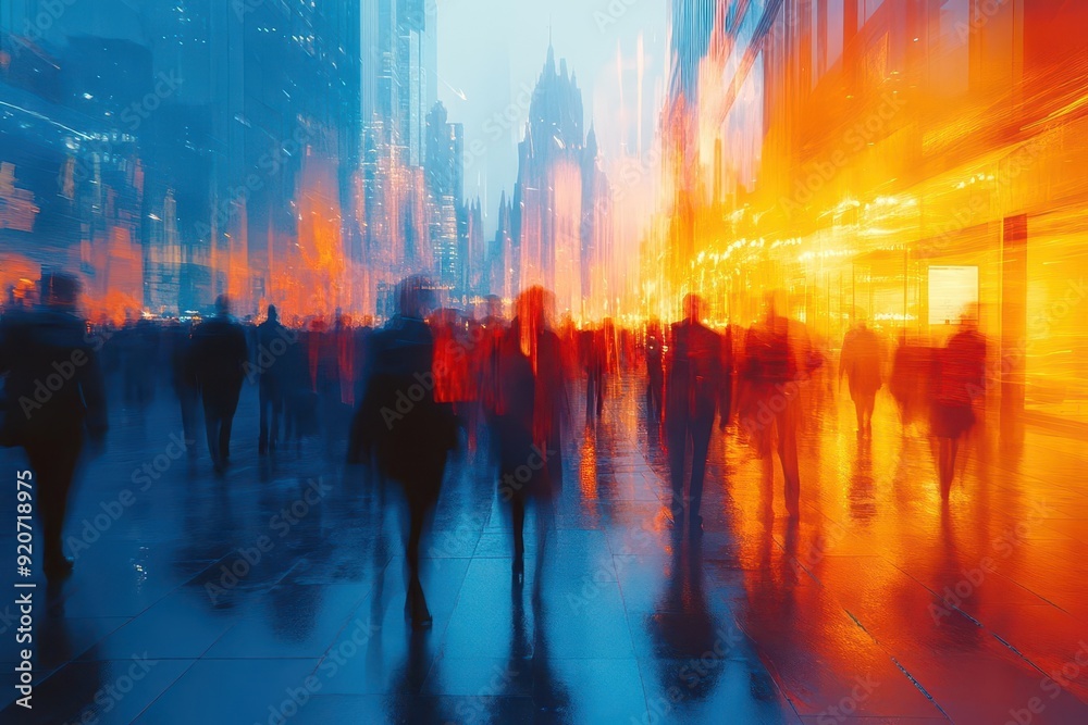 abstract motion blur of business professionals in bright office lobby streaks of blue and orange creating sense of movement and energy