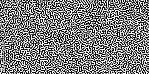Turing reaction diffusion monochrome seamless pattern with chaotic motion. Linear design with biological shapes. Organic lines in Memphis. abstract truing organic wallpaper background.	
