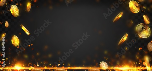 Abstract background with falling gold coins on dark background.  Golden coins raining down with sparks.