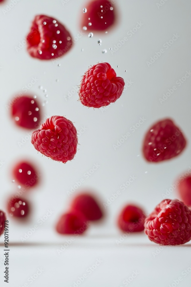 Cascade Delight Raspberry fruit levitating on a white background Cascade Delight Raspberry fruit levitating on a white background