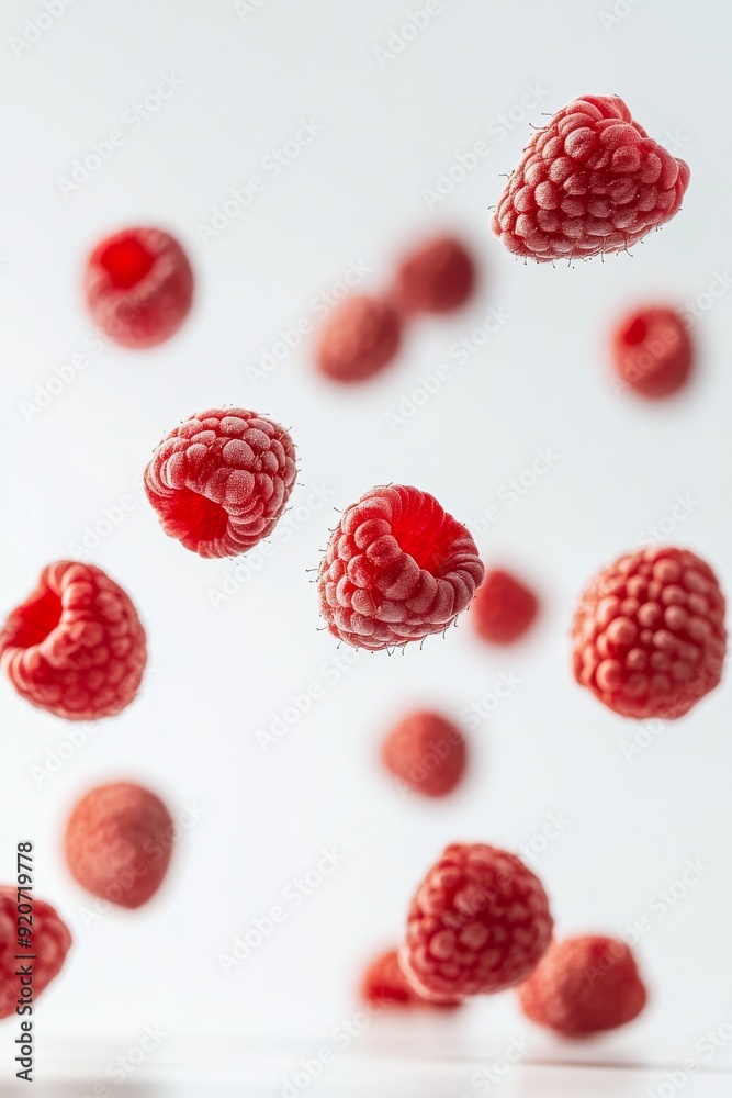 Cascade Delight Raspberry fruit levitating on a white background Cascade Delight Raspberry fruit levitating on a white background