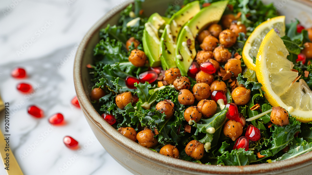 a fresh and crunchy kale salad, topped with avocado, roasted chickpeas, and pomegranate seeds, served in a ceramic bowl on a marble countertop with a lemon tahini dressing a fresh and crunchy kale salad, topped with avocado, roasted chickpeas, and pomegranate seeds, served in a ceramic bowl on a marble countertop with a lemon tahini dressing
