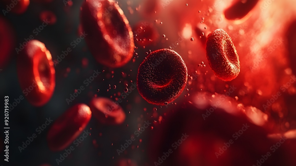 A close-up image of red blood cells in a flowing bloodstream, showing their biconcave shape and vibrant red color, illustrating the essential role they play in oxygen transport A close-up image of red blood cells in a flowing bloodstream, showing their biconcave shape and vibrant red color, illustrating the essential role they play in oxygen transport