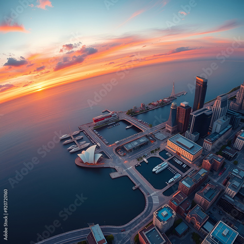 Skyline Splendor: Capturing Perth's Elisabeth Quay at Sunset from a Drone Perspective photo