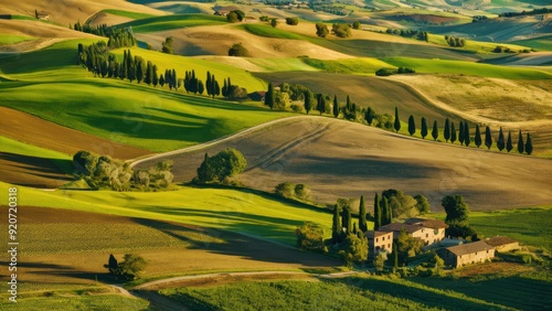 A view of a large farm with many trees and hills, AI