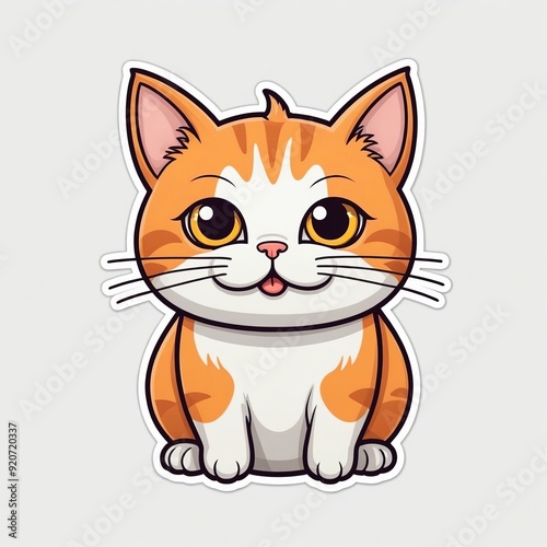 cartoon cat with big eyes sitting on a white surface.