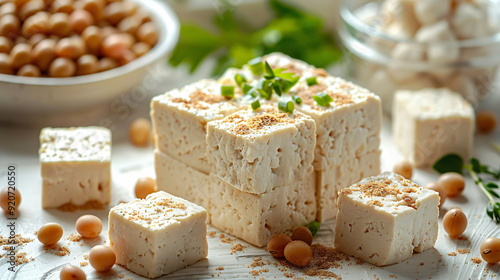 Tofu and soybeans in white bowls on white background side view