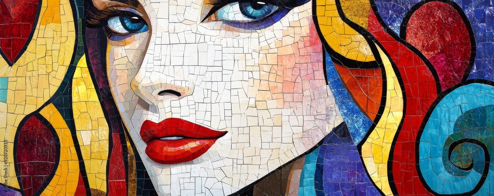 Fototapeta premium Colorful mosaic artwork of a woman's face with expressive blue eyes and red lips