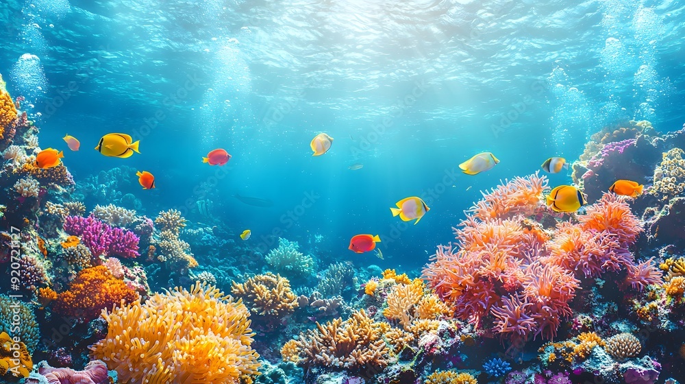 Fototapeta premium Explore the Vibrant Underwater World of Coral Reefs and Colorful Fishes in a Majestic Ocean Paradise