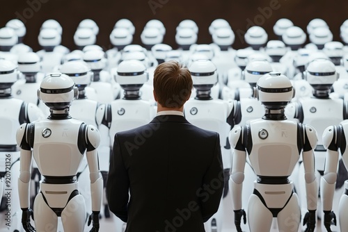 Wallpaper Mural A person stands before a crowd of humanoid robots, symbolizing technology and humanity. Torontodigital.ca