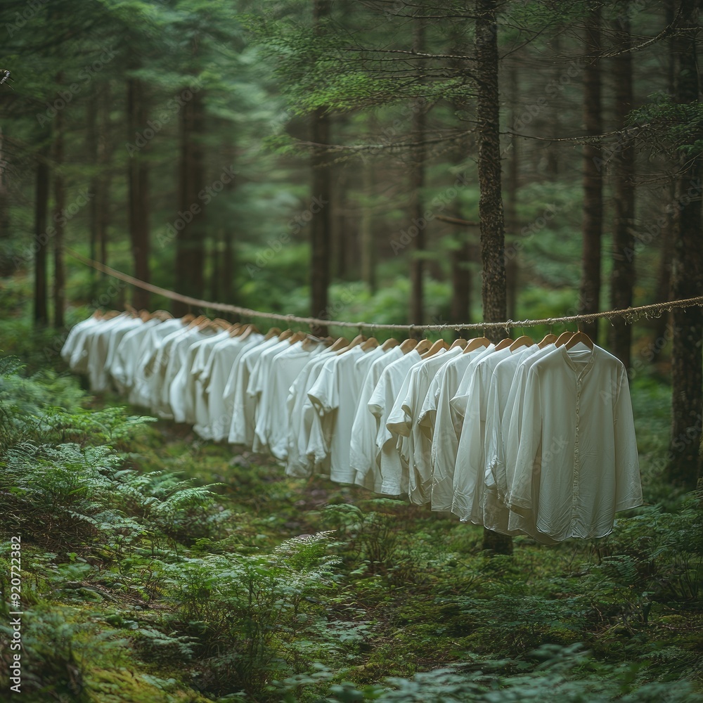 White and pink shirts are hanging on hangers on rope in deep forest