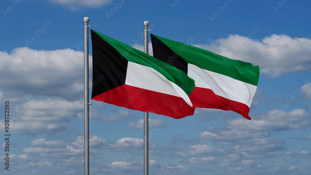 Two Kuwait flags flying together, video concept of the relationship, two country cooperation concept Two Kuwait flags flying together, video concept of the relationship, two country cooperation concept
