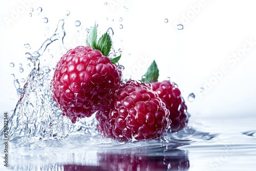 Tulameen Raspberry falling into the water with a splash on a white background photo