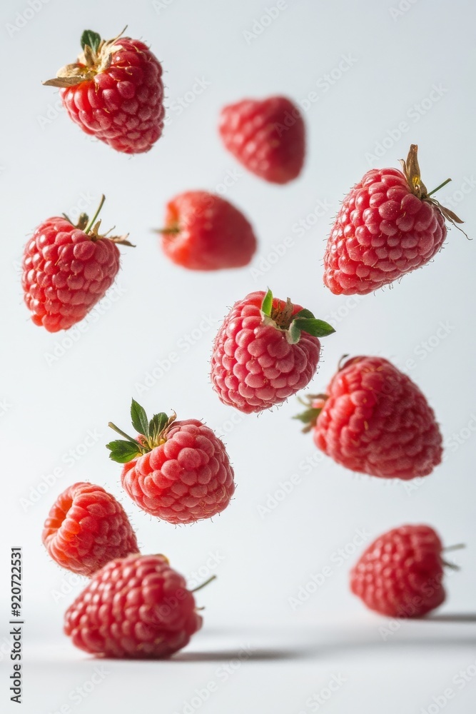 Tulameen Raspberry fruit levitating on a white background Tulameen Raspberry fruit levitating on a white background
