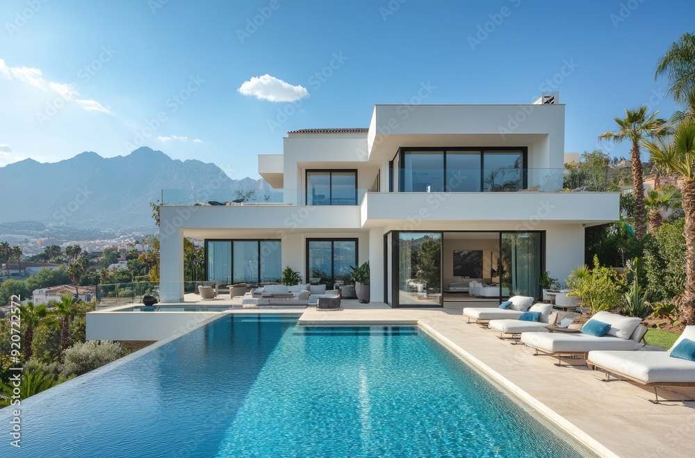 Fototapeta premium Luxury beach house with mountain view swimming pool and terrace in modern design. Lounge sun beds deck at vacation home or hotel. Contemporary holiday villa exterior