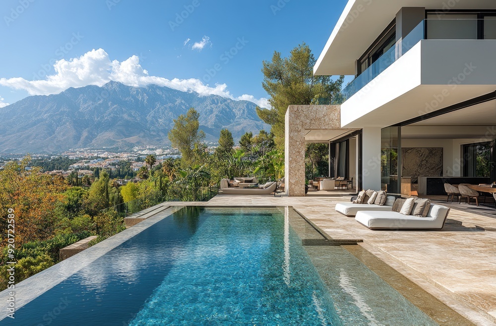 Fototapeta premium Luxury beach house with mountain view swimming pool and terrace in modern design. Lounge sun beds deck at vacation home or hotel. Contemporary holiday villa exterior