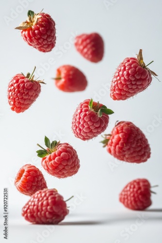 Tulameen Raspberry fruit levitating on a white background photo